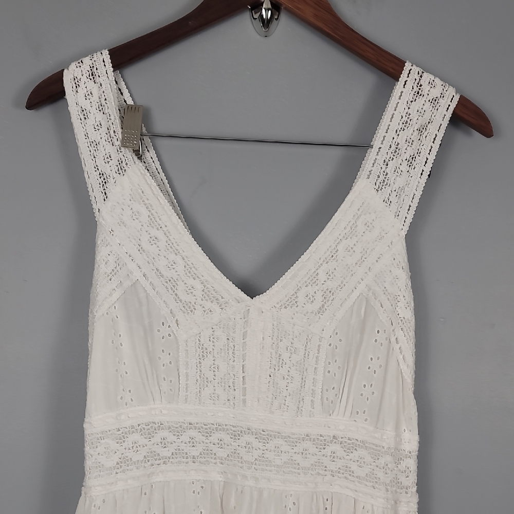 Bohemian Embroidered Lace Cotton White Sleeveless V-Neck Maxi Sundress